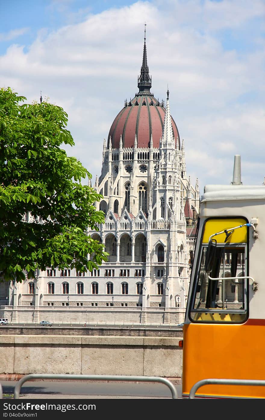 Tramway and parliament building in Budapest, Hungary