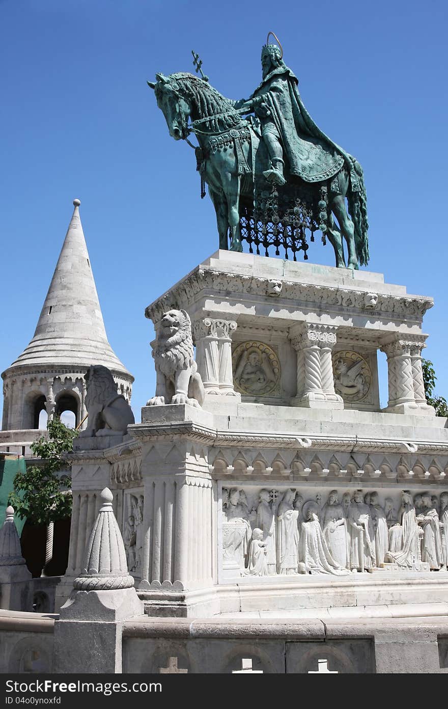 Saint Istvan statue and fisherman's bastion in Budapest, Hungary