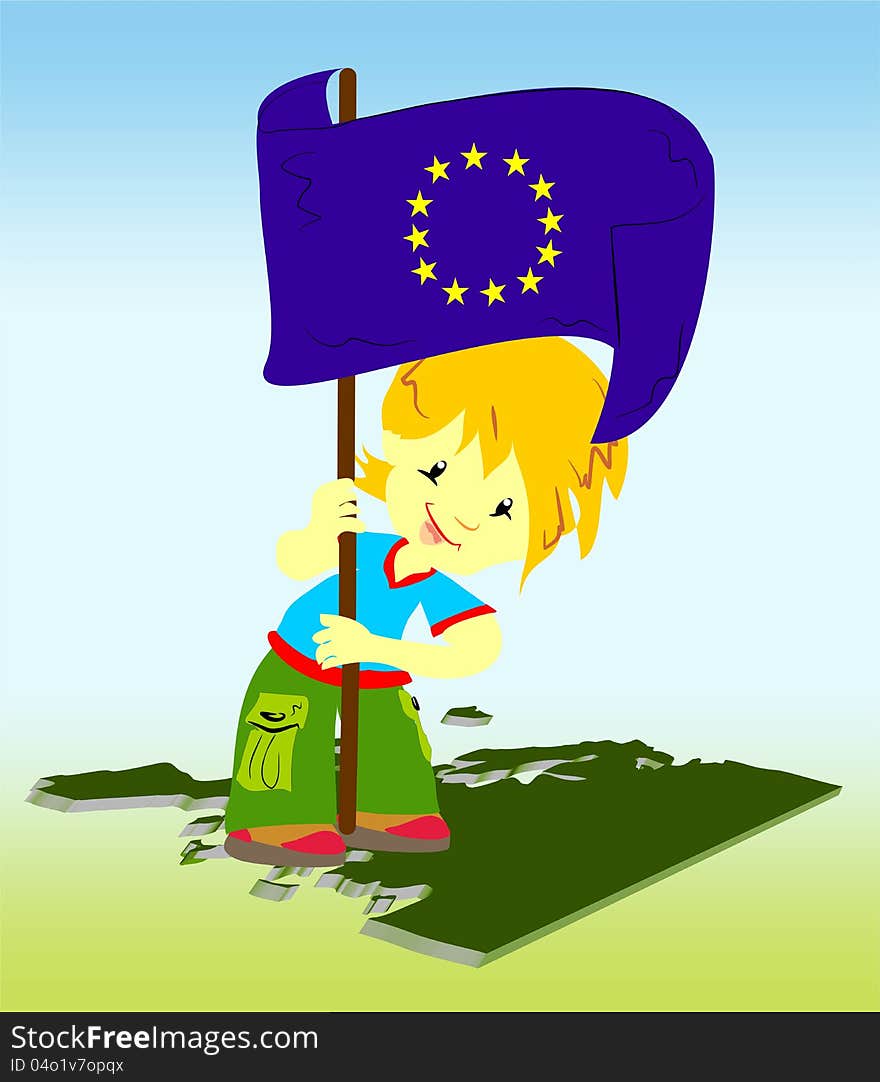 The boy with the flag of the European Union is on the contour of Europe