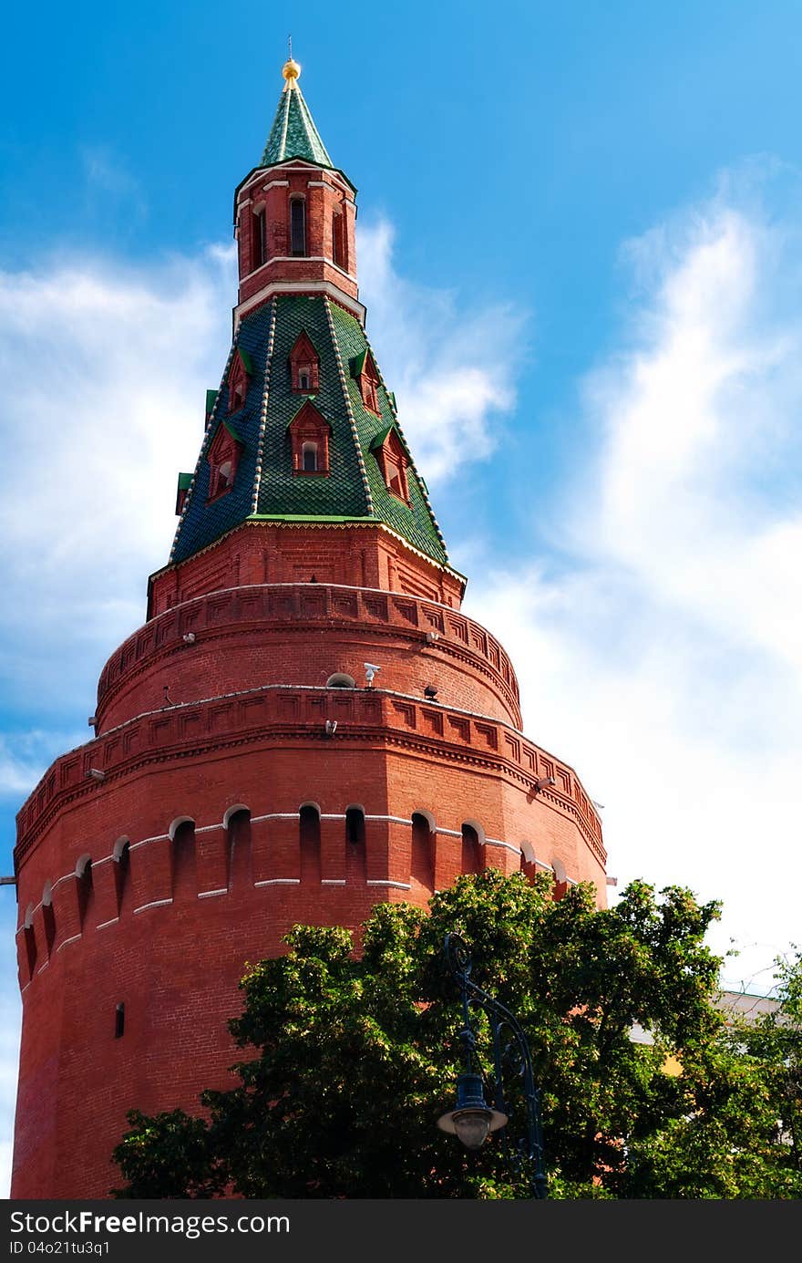 MOSCOW - AUGUST 19:  Corner Arsenal Tower (Sobakina) - the most powerful tower of the Moscow Kremlin on August 19, 2012 in Moscow. It controlled the crossing of the river Neglinnaya. MOSCOW - AUGUST 19:  Corner Arsenal Tower (Sobakina) - the most powerful tower of the Moscow Kremlin on August 19, 2012 in Moscow. It controlled the crossing of the river Neglinnaya.