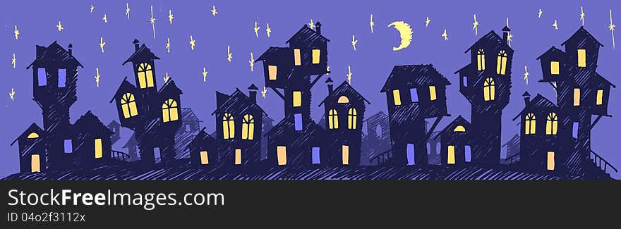 Illustration of a fantasy night town