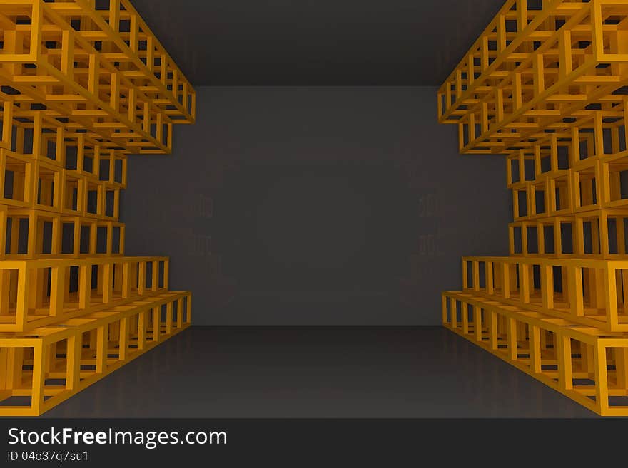 Abstract orange square truss wall with empty room