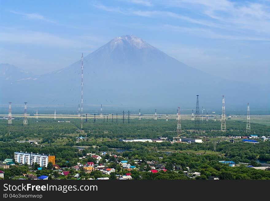 The city landscape of Petropavlovsk-Kamchatsky and Koryaksky vol