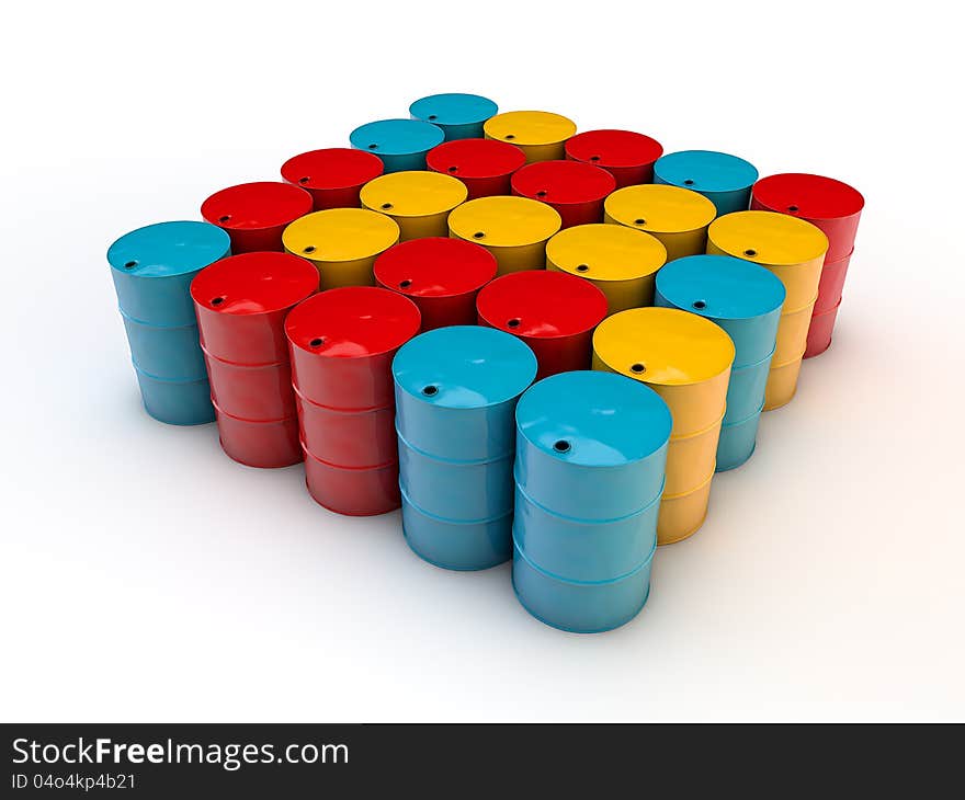 Red, blue and yellow barrels on white background. Red, blue and yellow barrels on white background