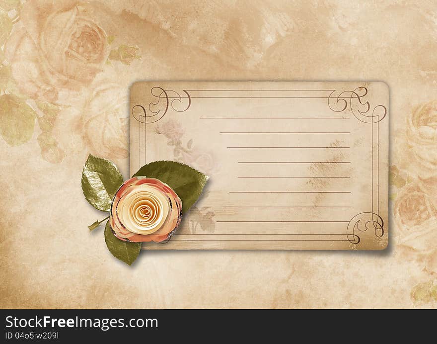 Victorian background with old card and paper rose. family album. Victorian background with old card and paper rose. family album