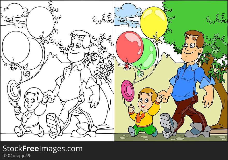 The illustration shows the father and son walking in the park. The illustration also shows a black-and-white contour variation. Illustration presented in cartoon style, on separate layers. The illustration shows the father and son walking in the park. The illustration also shows a black-and-white contour variation. Illustration presented in cartoon style, on separate layers.