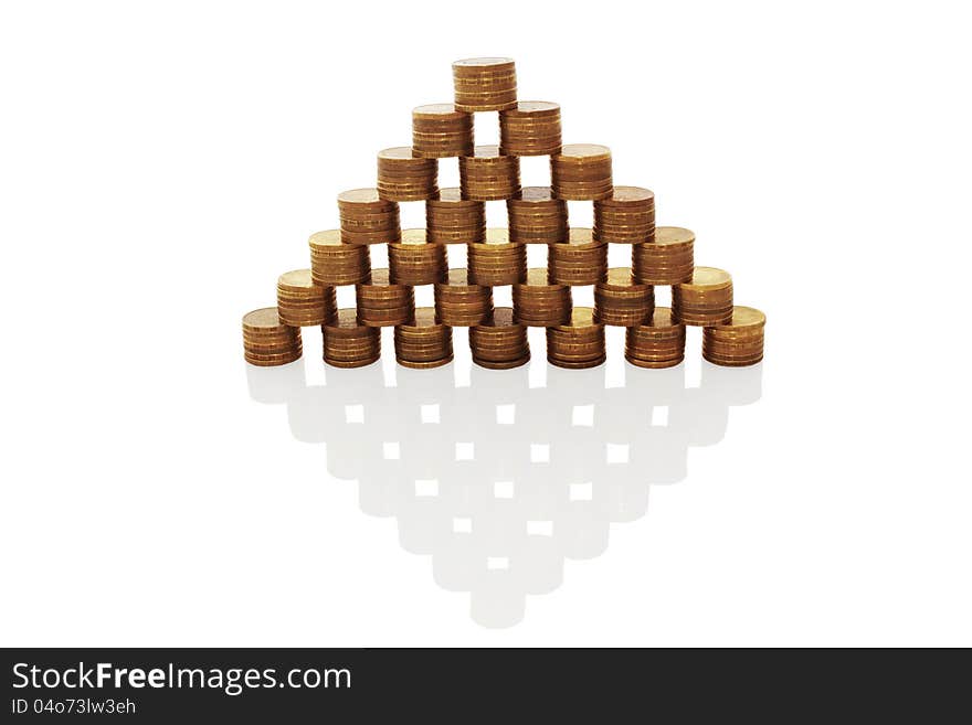 Pyramid made  of coins on white background. Pyramid made  of coins on white background