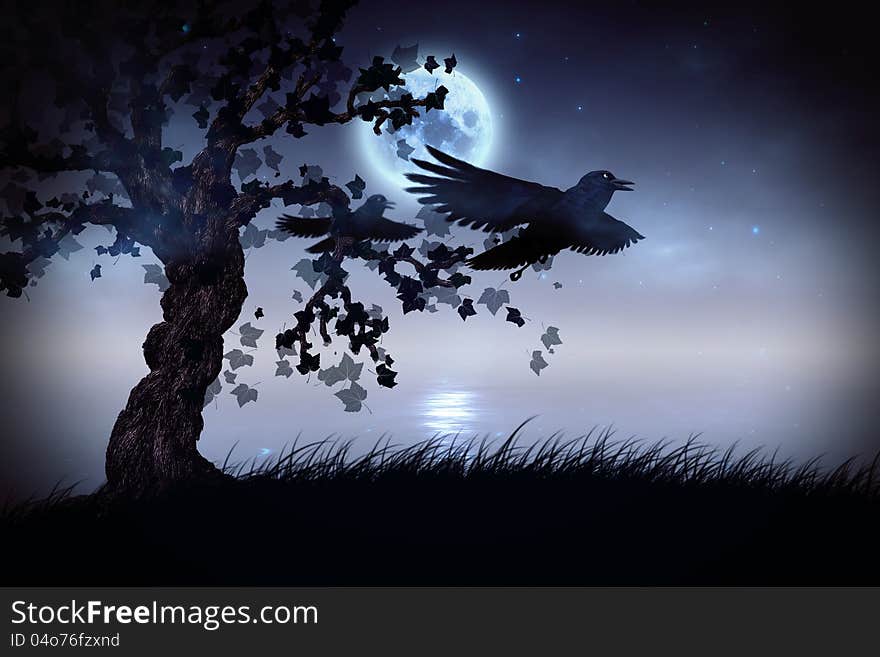 Illustration of black ravens and creepy tree at night. Illustration of black ravens and creepy tree at night.