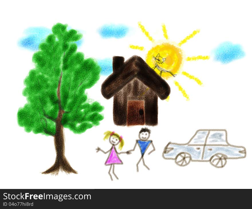 Drawing of a house, tree, girl and boy on white background. Drawing of a house, tree, girl and boy on white background.