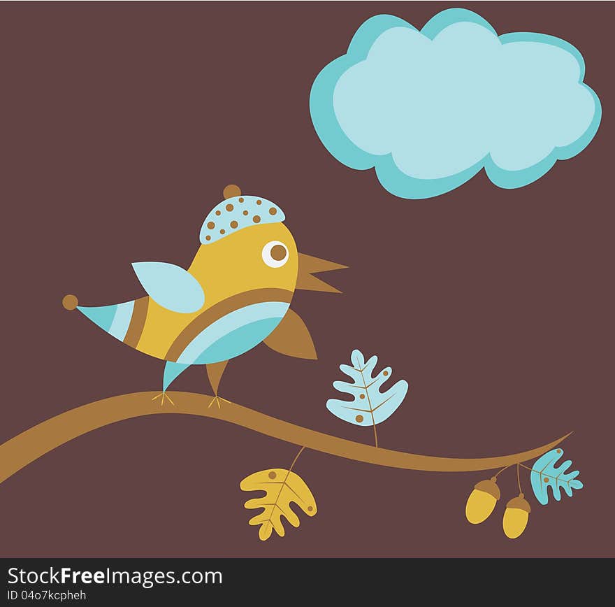 Cartoon bird seatting on the branch.