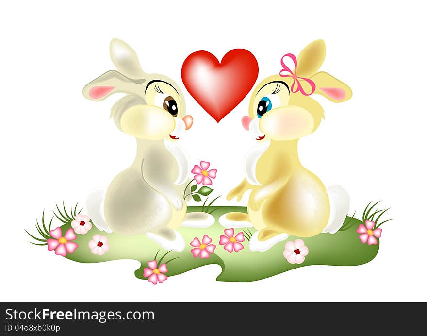 Pretty couple cartoon rabbits fall in love. Fluffy cartoon hares. Pretty couple cartoon rabbits fall in love. Fluffy cartoon hares