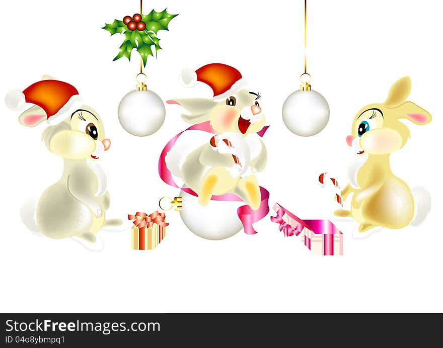 Fluffy cartoon hares, holyday, Christmas. Fluffy cartoon hares, holyday, Christmas