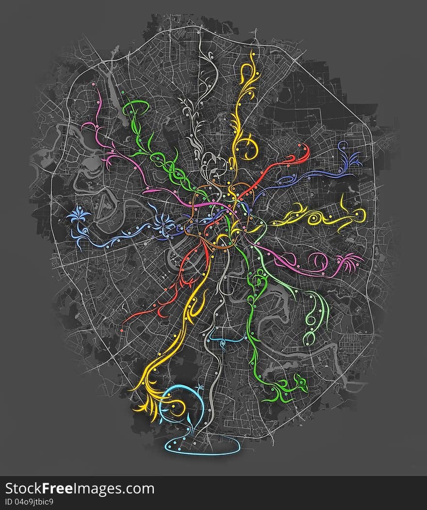 Fancy metro map of Moscow on black background