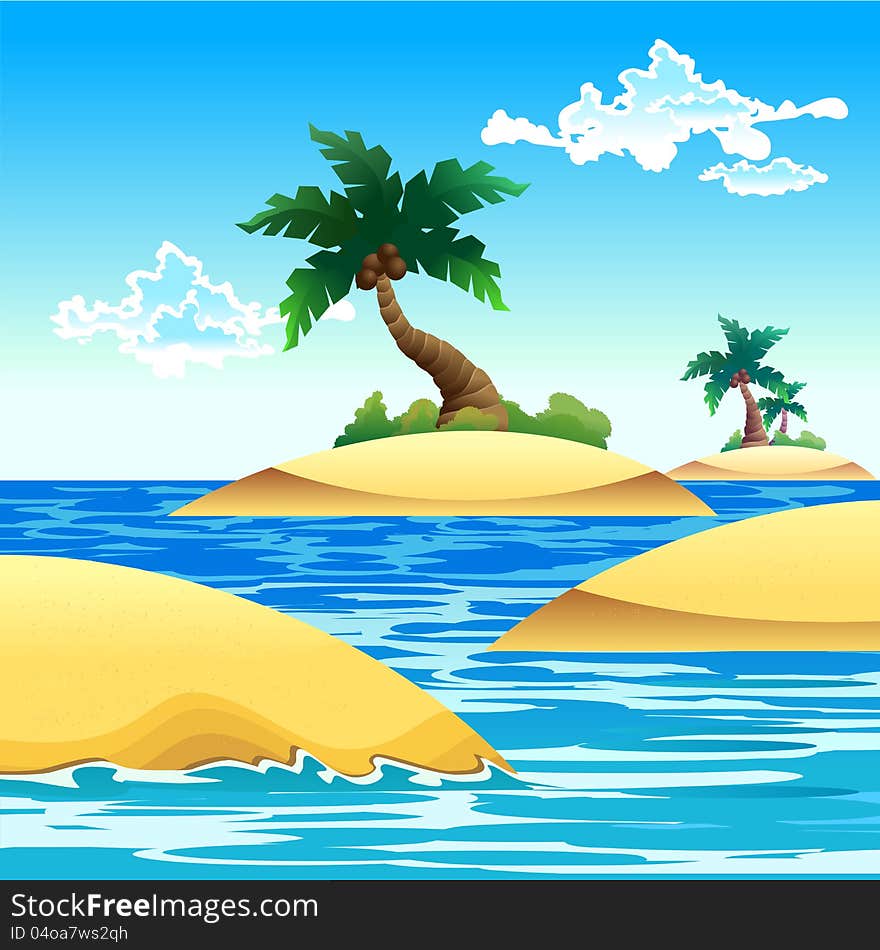 Illustration scene of small coconut island with blue sky as a background