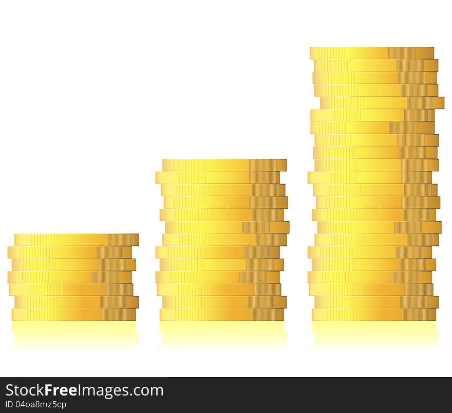 Business graph of gold coins growing on white background. Business graph of gold coins growing on white background