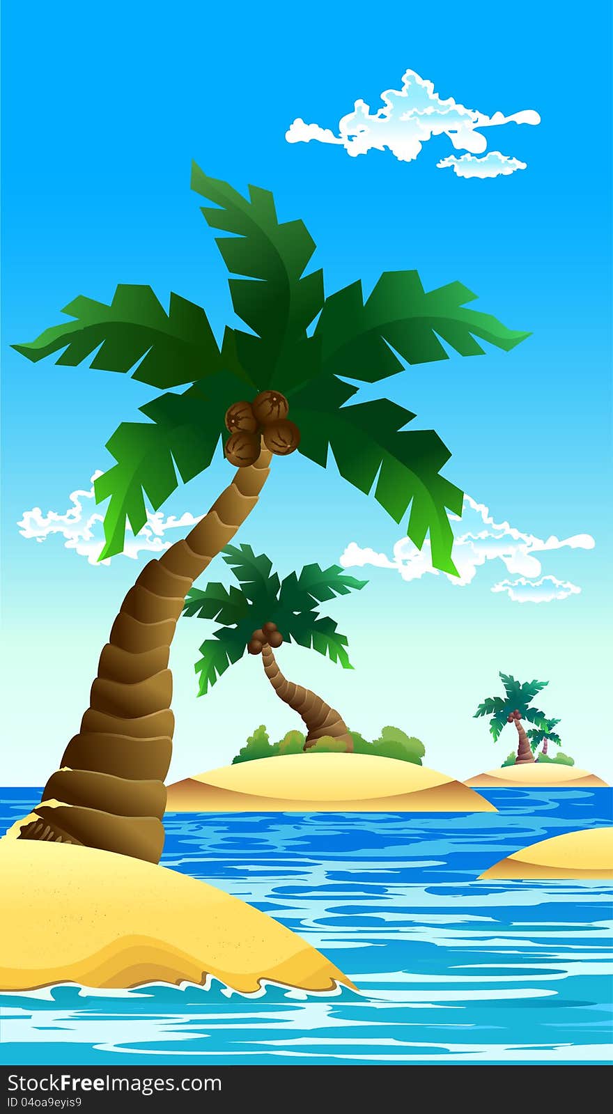 Illustration scene of small coconut island with blue sky as a background