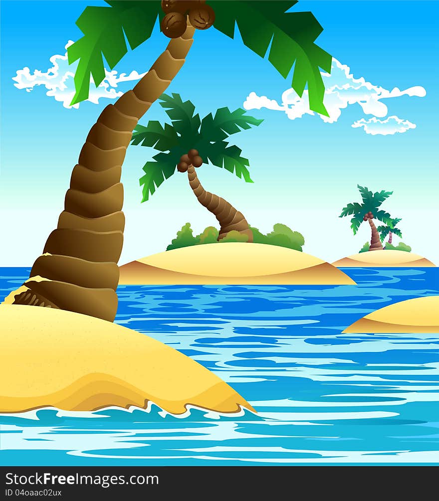 Illustration scene of small coconut island with blue sky as a background