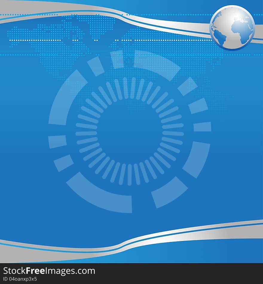 Blue and shiny silver band background with detailed map and globe at back. Blue and shiny silver band background with detailed map and globe at back