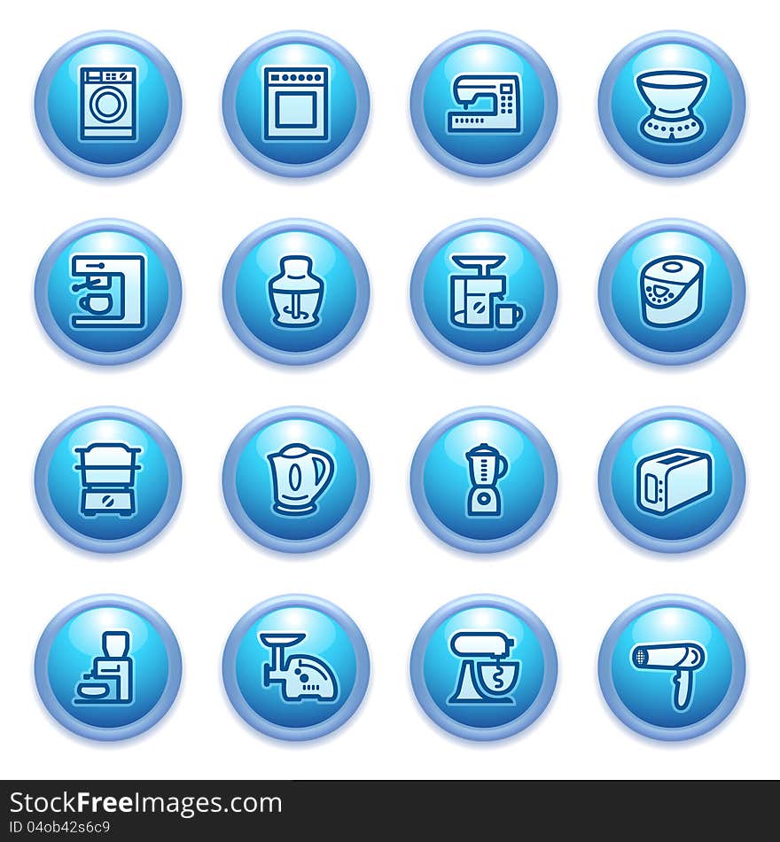 Home Appliances Icons On Blue Buttons, Set 2.