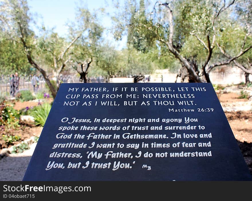 Marble slab with the words of the prayer of Jesus Christ before his arrest, Gethsemane, East Jerusalem