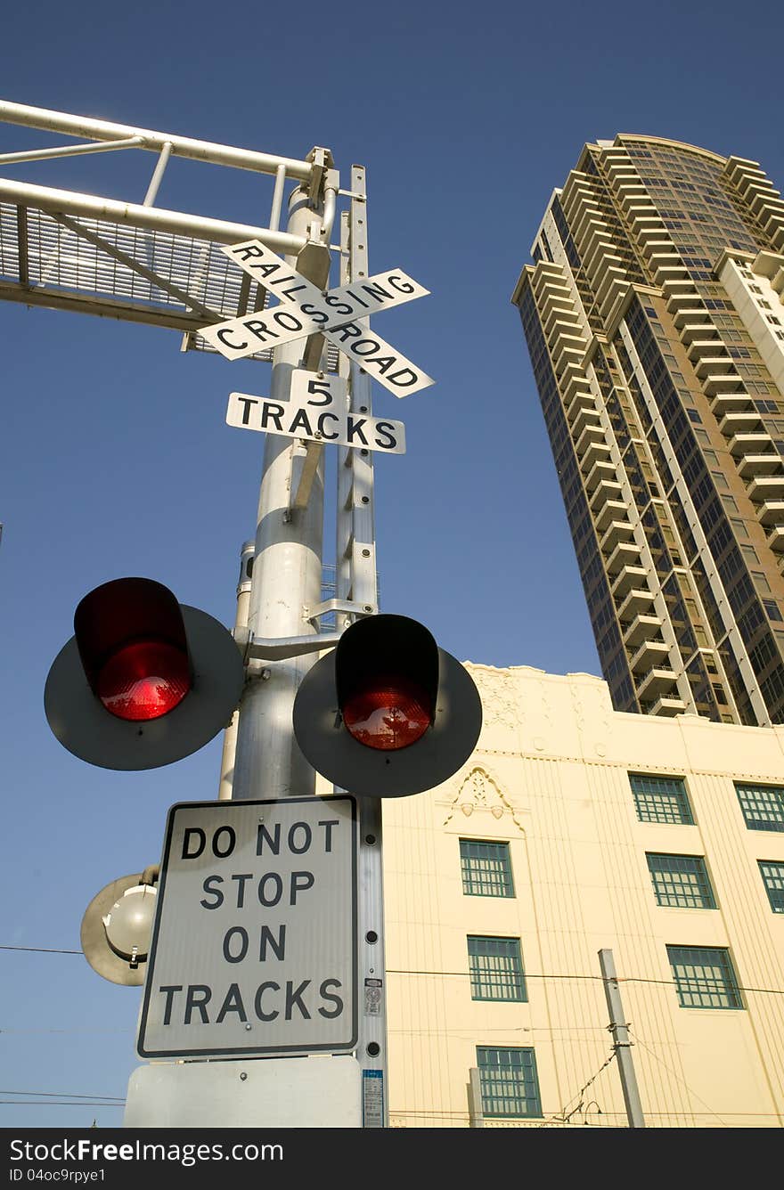 San Diego railroad crossing for public transit. San Diego railroad crossing for public transit