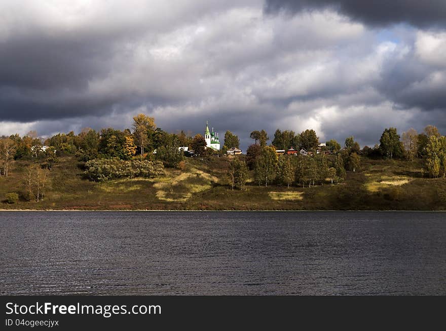 Volga River with storm clouds