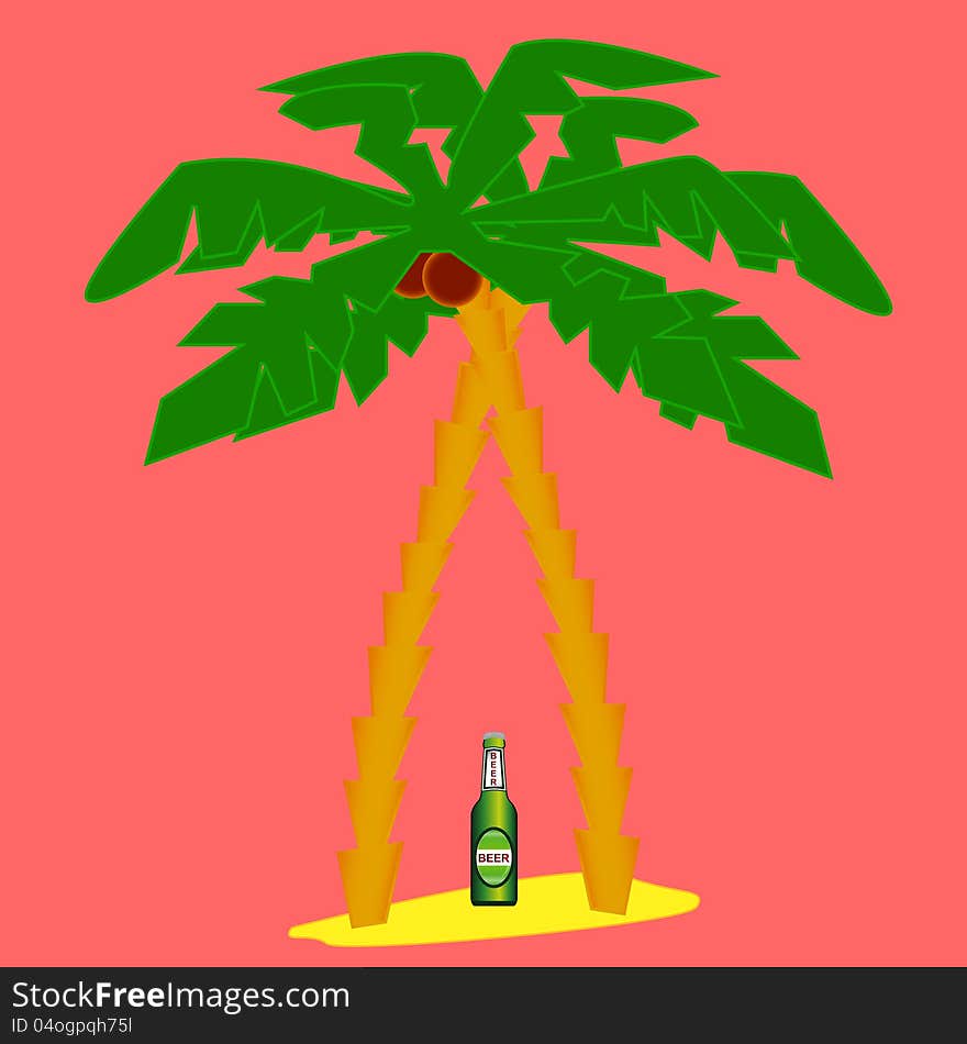 Two palm trees and beer on a red background