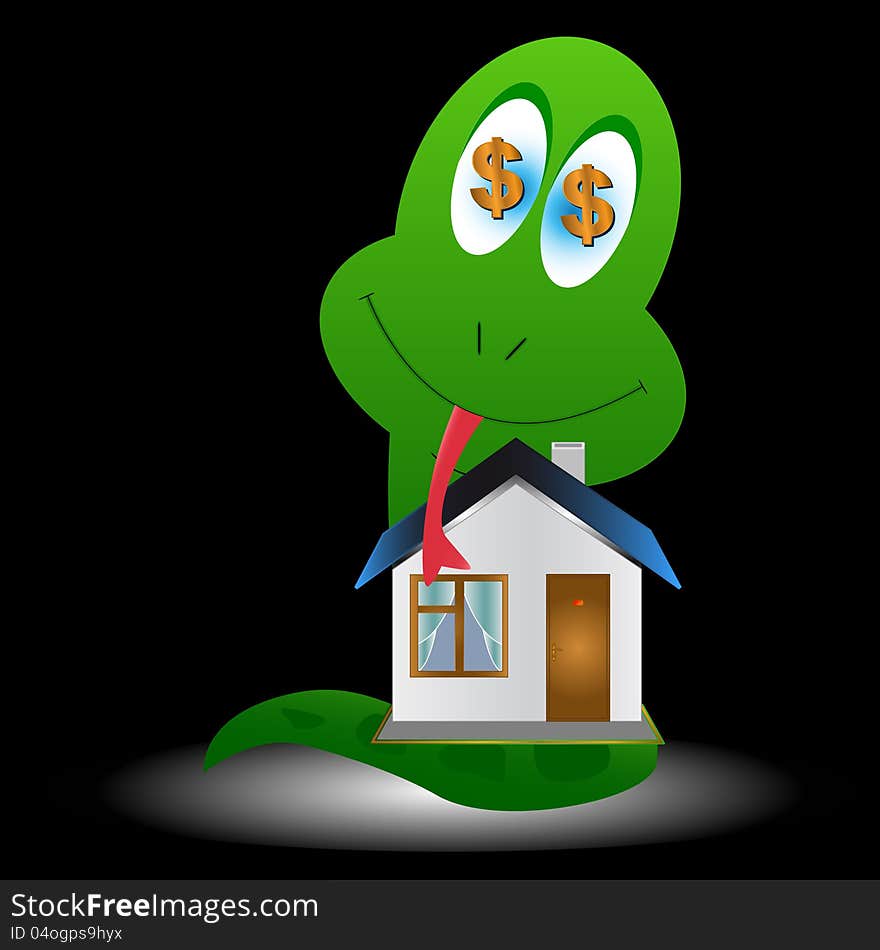 Snake and the house on a black background. Snake and the house on a black background