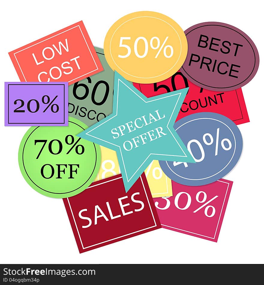 Background with colorful discount tags over white.