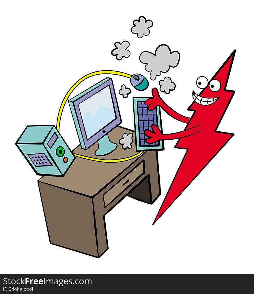 A lightning bolt with a face and hands encoding very fast on a computer keyboard, smokes coming out from the keyboard. A lightning bolt with a face and hands encoding very fast on a computer keyboard, smokes coming out from the keyboard