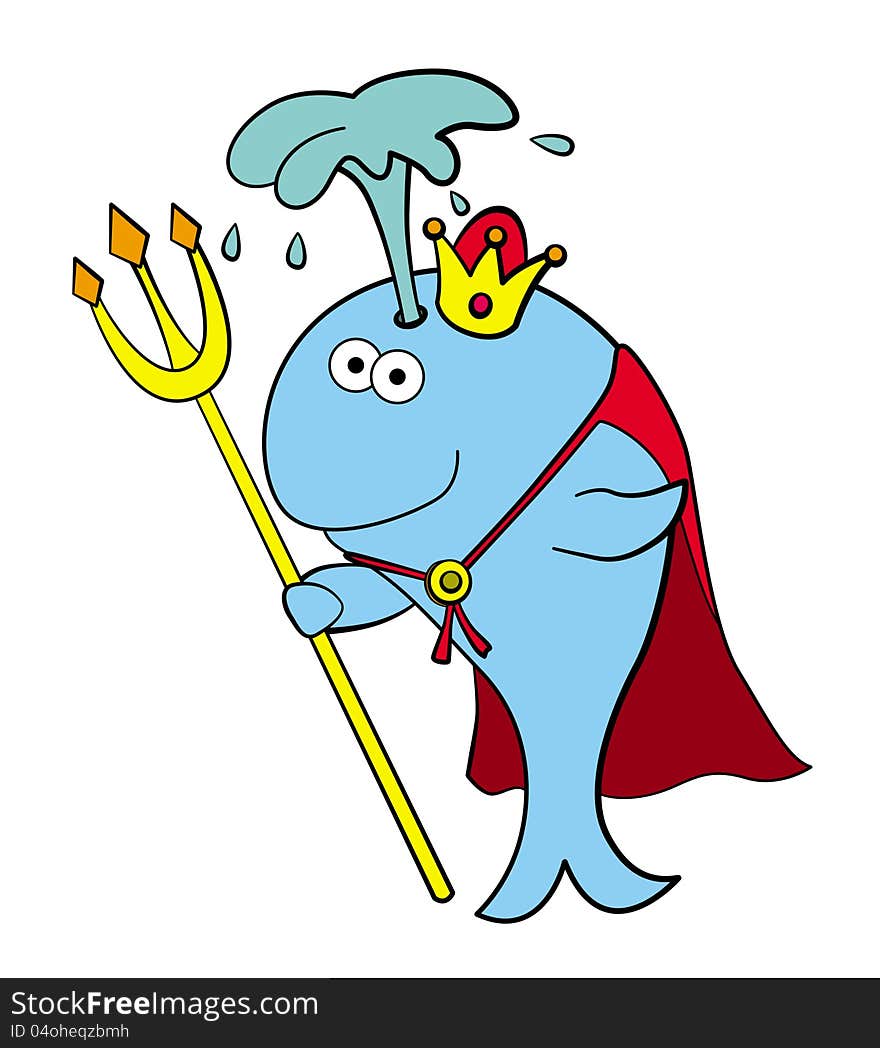 Illustration of a cute cartoon whale with a crown and a trident. Illustration of a cute cartoon whale with a crown and a trident