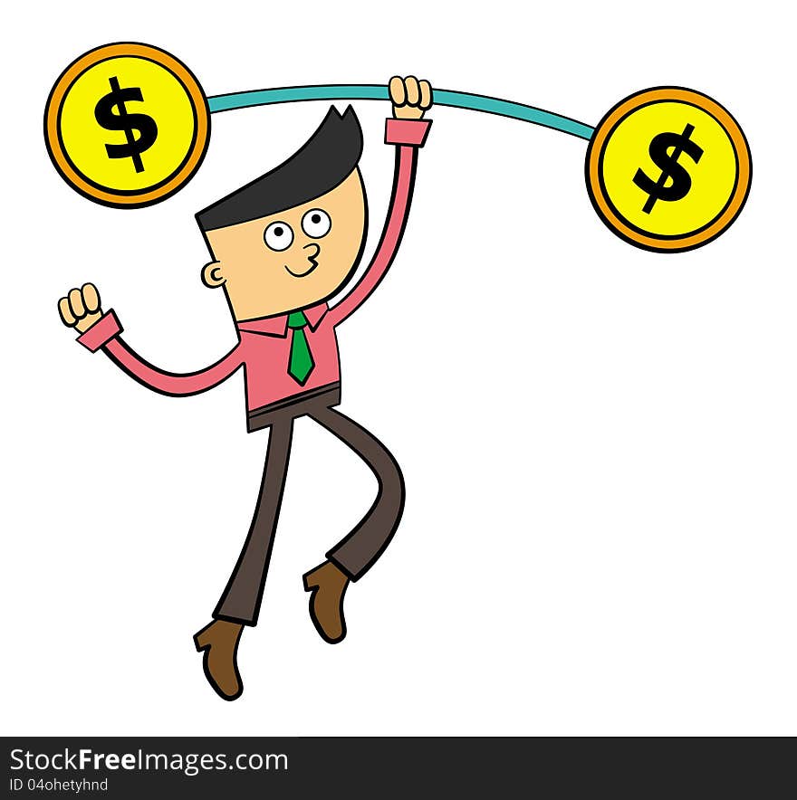 A cartoon business man lifting a barbel with dollar coins as it's weights. A cartoon business man lifting a barbel with dollar coins as it's weights