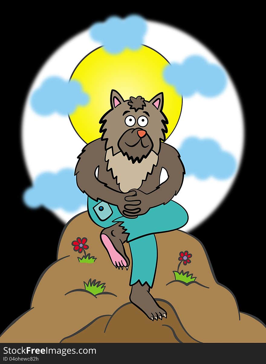 A happy werewolf relaxed and sitting on a rock with the moon on it's background