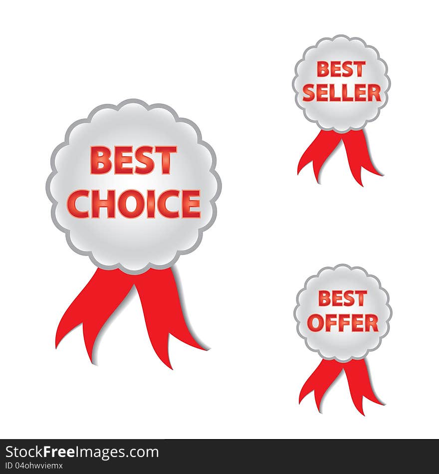 Best choice, offer and seller labels with ribbon.