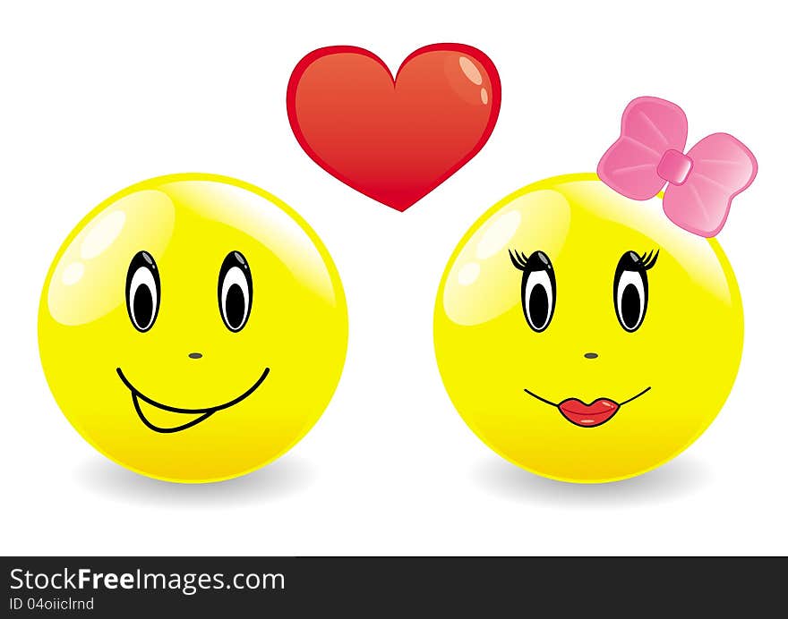 Two fun yellow smiles, heart, boy and girl in love. Two fun yellow smiles, heart, boy and girl in love