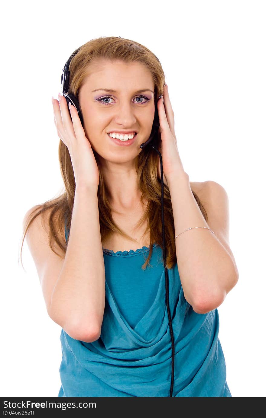 Girl listening to the music isolated on white background