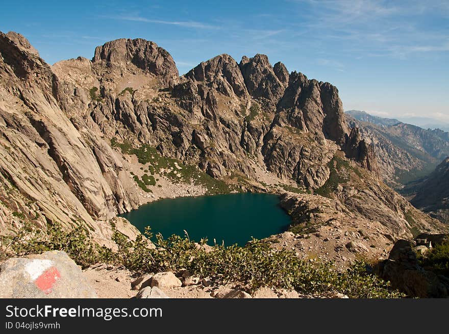 High alpine lake Lac de Capitello on Corsica