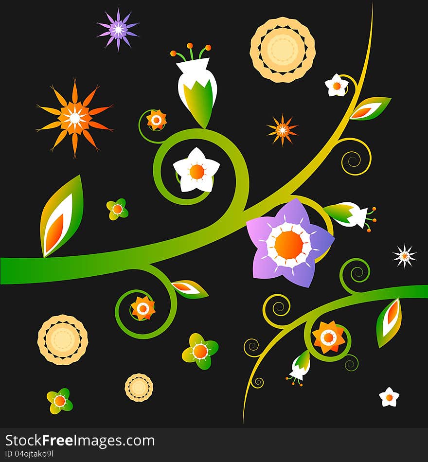 Beautiful colorful vector background of flowers on green branches on a black background. Beautiful colorful vector background of flowers on green branches on a black background