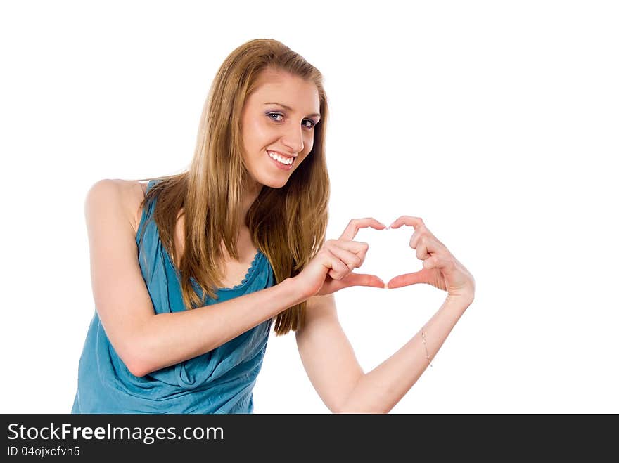 Beautiful girl hands shows heart isolated on white background