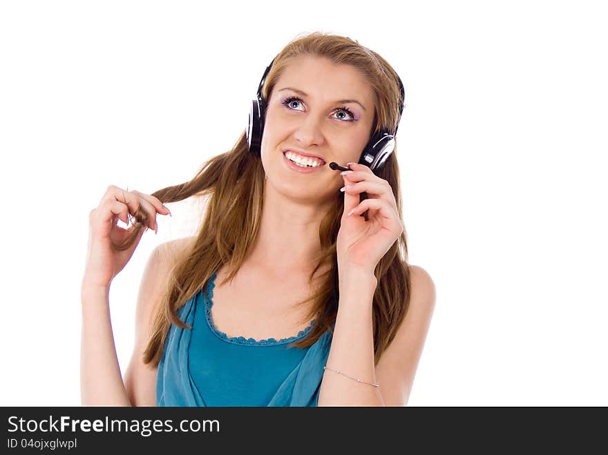 Beautiful girl listening to the music isolated on white background