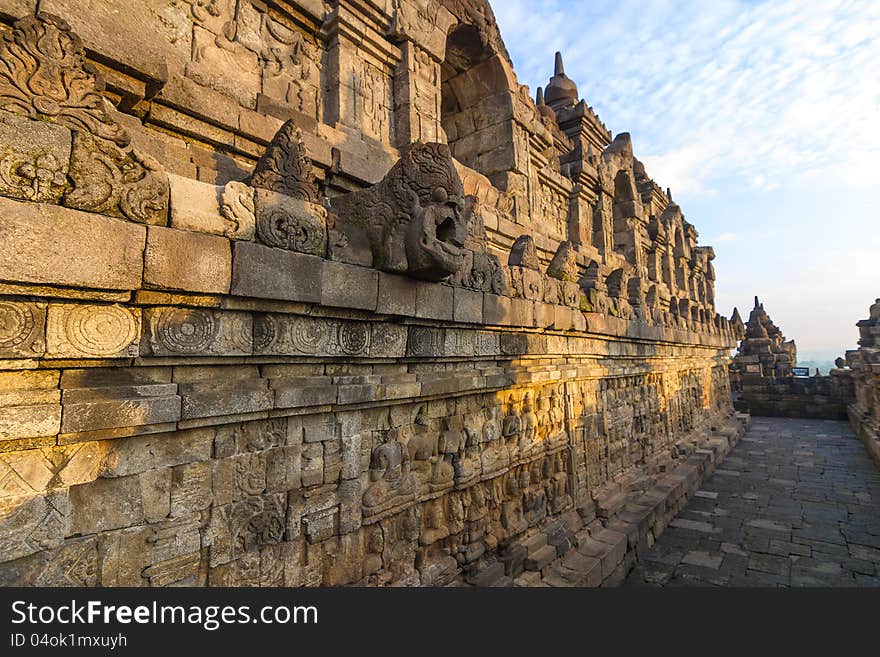 Borobudur temple corridors, Yogyakarta, Java island, Indonesia