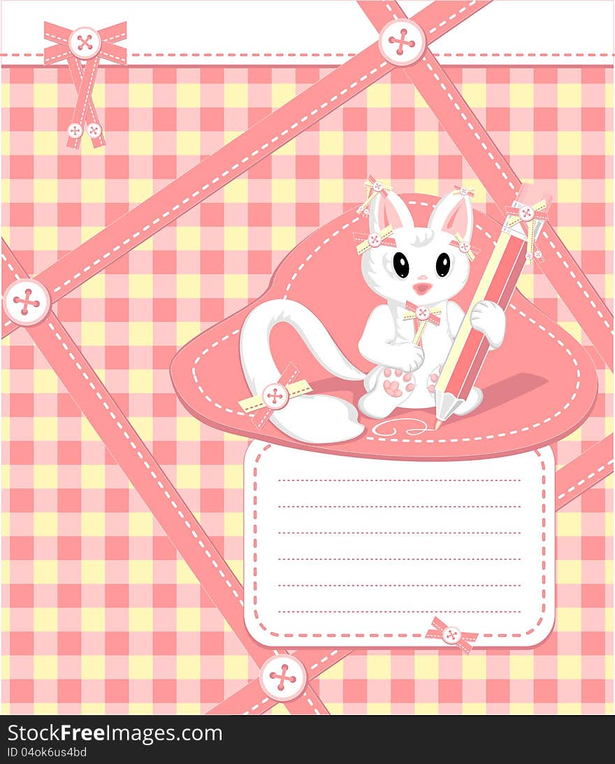 Copybook with cat pencil bows buttons tapes in cell