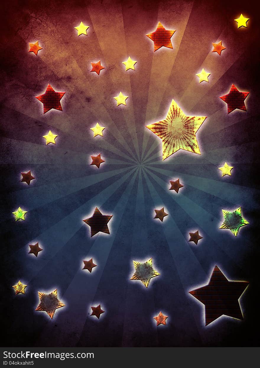 Illustration of grunge background with colorful stars and rays. Illustration of grunge background with colorful stars and rays.