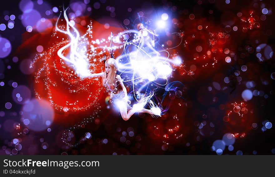 The night fairy flying to the red rose. The night fairy flying to the red rose.