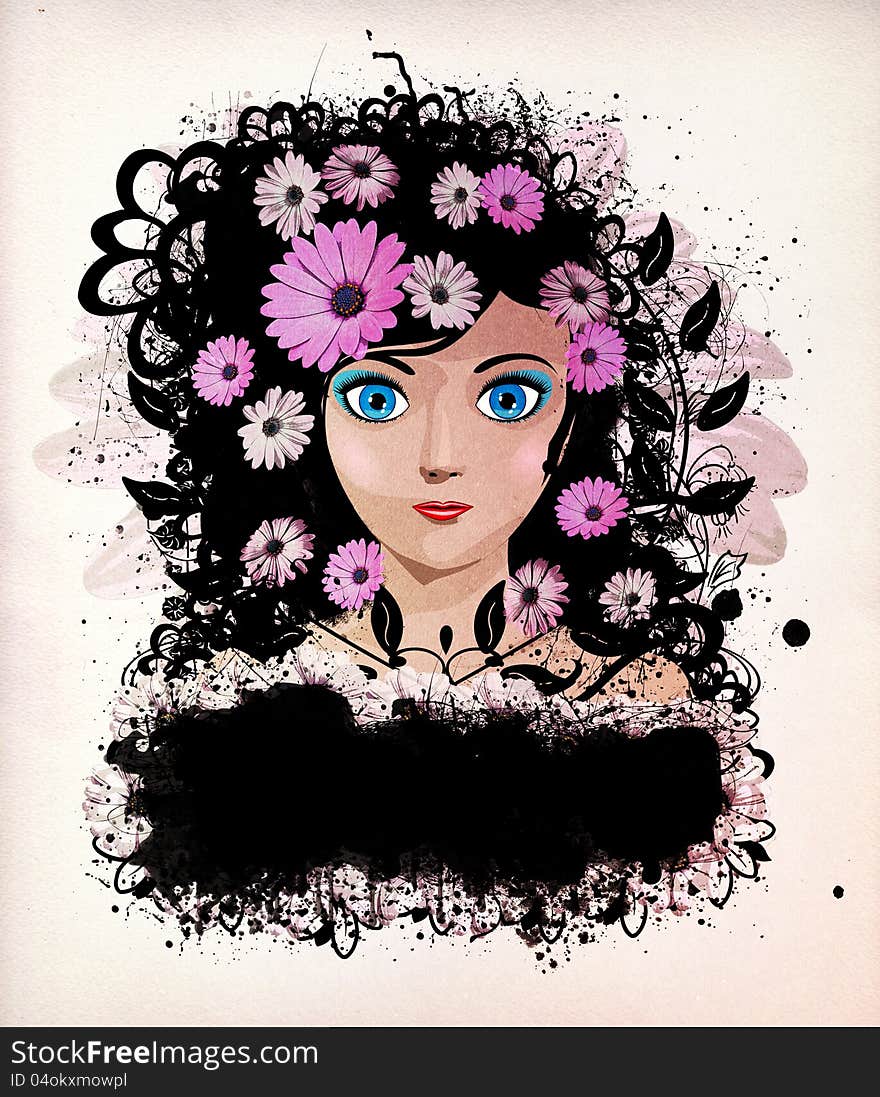 Illustration of a beautiful spring girl with flowers.