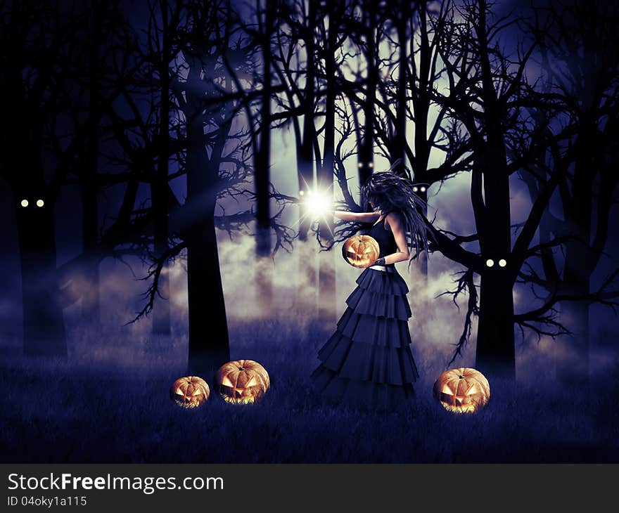 Illustration of Halloween witch with pumpkin in the dark forest.