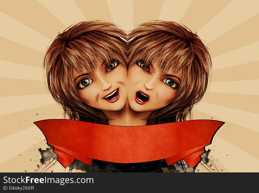 Abstract illustration of two girl's faces, different emotions. Abstract illustration of two girl's faces, different emotions.