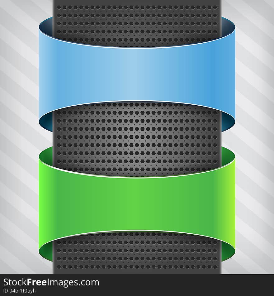 Blue and green labels with metallic column