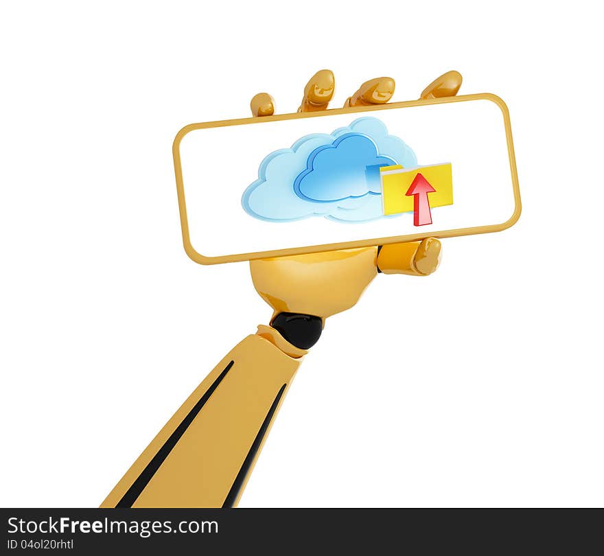 3d hand of robot hold a plate with 3d cloud computing icon with folder and arrow. 3d hand of robot hold a plate with 3d cloud computing icon with folder and arrow