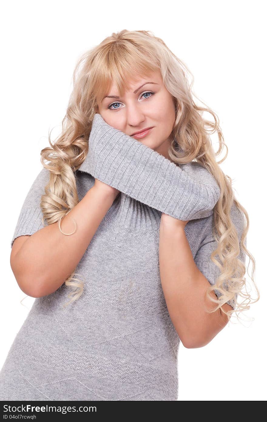 Pretty blond winter sweater woman